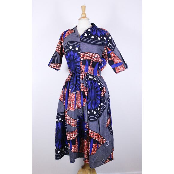 African Ankara midi dress button short sleeve handmade print blue dot sz S/M - Picture 5 of 8